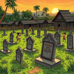 A Myanmar comic-style illustration of a cemetery in a rural village