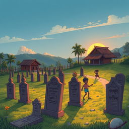 A Myanmar comic-style illustration of a cemetery in a rural village