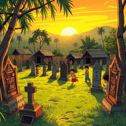 A Myanmar comic-style illustration of a cemetery in a rural village