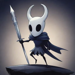 A detailed illustration of the Hollow Knight character from the popular video game, standing in a dynamic pose with his nail-sword presented prominently.