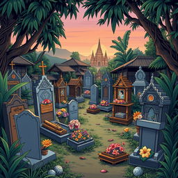 A Myanmar comic-style illustration of a cemetery in a rural village, showcasing a variety of tomb designs