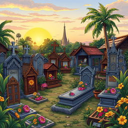 A Myanmar comic-style illustration of a cemetery in a rural village, showcasing a variety of tomb designs