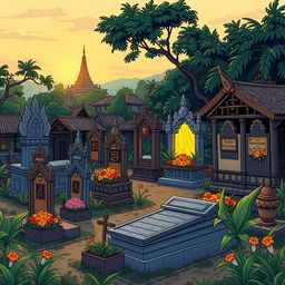 A Myanmar comic-style illustration of a cemetery in a rural village, showcasing a variety of tomb designs