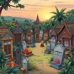 A Myanmar comic-style illustration of a cemetery in a rural village, showcasing a variety of tomb designs