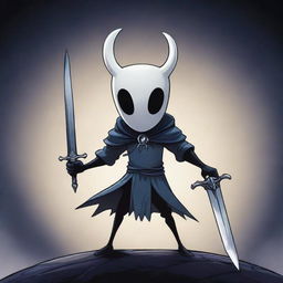 A detailed illustration of the Hollow Knight character from the popular video game, standing in a dynamic pose with his nail-sword presented prominently.