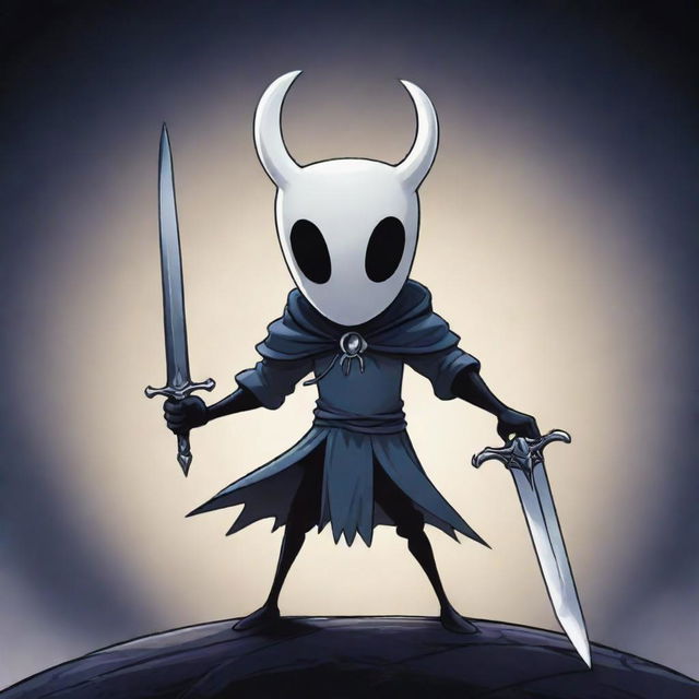 A detailed illustration of the Hollow Knight character from the popular video game, standing in a dynamic pose with his nail-sword presented prominently.