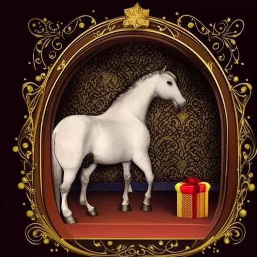 An old, wise-looking horse wrapped in a large ornate gift box with an open lid. The saying 'Don't look a gift horse in the mouth' floats around the image in elegant, curled script.