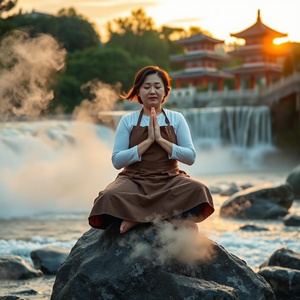 A Korean-Canadian slightly plump woman sitting atop a rock with her legs crossed and hands pressed together in a prayer-like motion