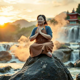 A Korean-Canadian slightly plump woman sitting atop a rock with her legs crossed and hands pressed together in a prayer-like motion