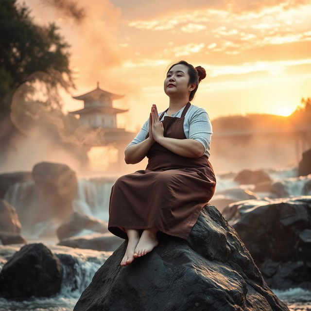 A Korean-Canadian slightly plump woman sitting atop a rock with her legs crossed and hands pressed together in a prayer-like motion