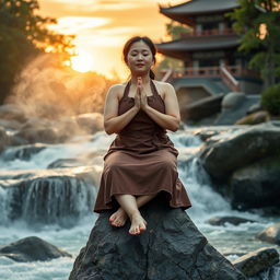 A Korean-Canadian slightly plump woman sitting atop a rock with her legs crossed and hands pressed together in a prayer-like motion