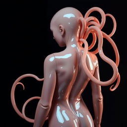 a humanoid figure undergoing a latex transformation, with smooth, glossy latex covering their skin, merging seamlessly from head to toe