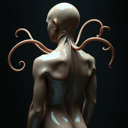 a humanoid figure undergoing a latex transformation, with smooth, glossy latex covering their skin, merging seamlessly from head to toe