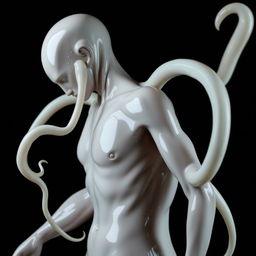 a humanoid figure undergoing a latex transformation, with smooth, glossy latex covering their skin, merging seamlessly from head to toe