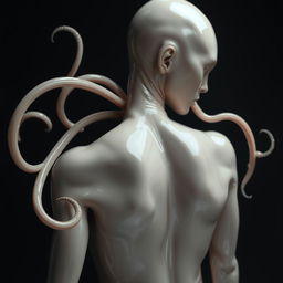 a humanoid figure undergoing a latex transformation, with smooth, glossy latex covering their skin, merging seamlessly from head to toe