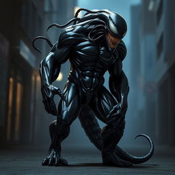 An alluring interpretation of a symbiotic alien entity inspired by Venom, characterized by its dark, glossy, liquid-like texture and muscular physique