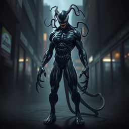 An alluring interpretation of a symbiotic alien entity inspired by Venom, characterized by its dark, glossy, liquid-like texture and muscular physique