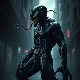 An alluring interpretation of a symbiotic alien entity inspired by Venom, characterized by its dark, glossy, liquid-like texture and muscular physique