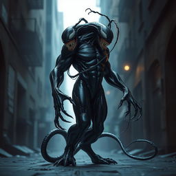 An alluring interpretation of a symbiotic alien entity inspired by Venom, characterized by its dark, glossy, liquid-like texture and muscular physique