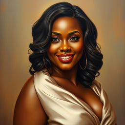 A polished painting portraying the sensual elegance of a curvy black woman