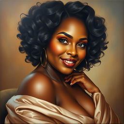 A polished painting portraying the sensual elegance of a curvy black woman