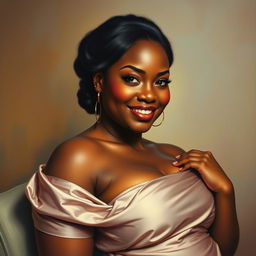 A polished painting portraying the sensual elegance of a curvy black woman