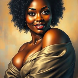 A polished painting portraying the sensual elegance of a curvy black woman