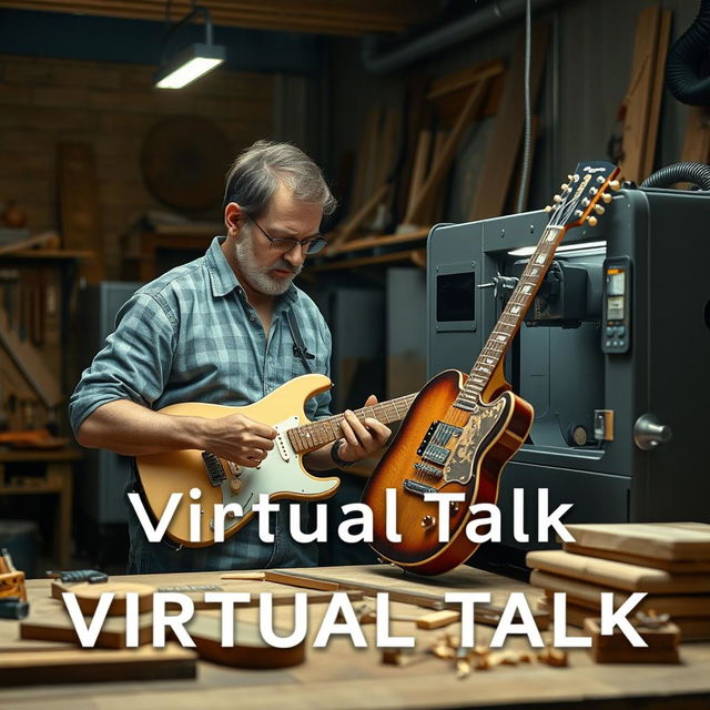 A highly realistic image of an artisan in his workshop competing to build an electric guitar alongside a CNC machine