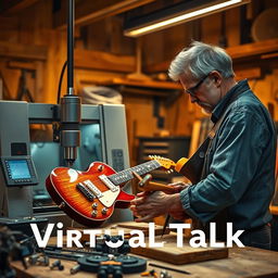 A super realistic image of an artisan in his workshop competing to build an electric guitar alongside a CNC machine