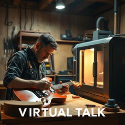 A super realistic image of an artisan in his workshop competing to build an electric guitar alongside a CNC machine