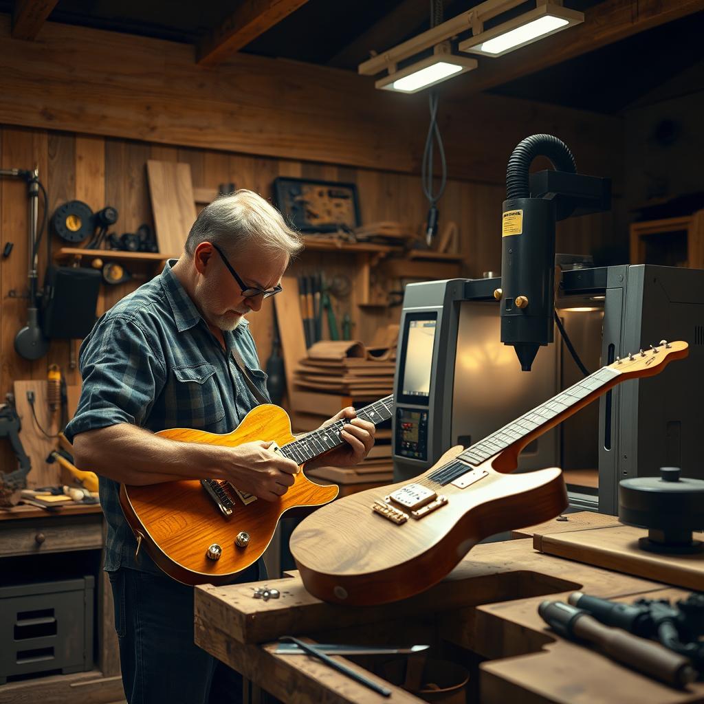 A super realistic image of an artisan in his workshop competing to build an electric guitar alongside a CNC machine