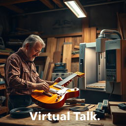 A super realistic image of an artisan in his workshop competing to build an electric guitar alongside a CNC machine