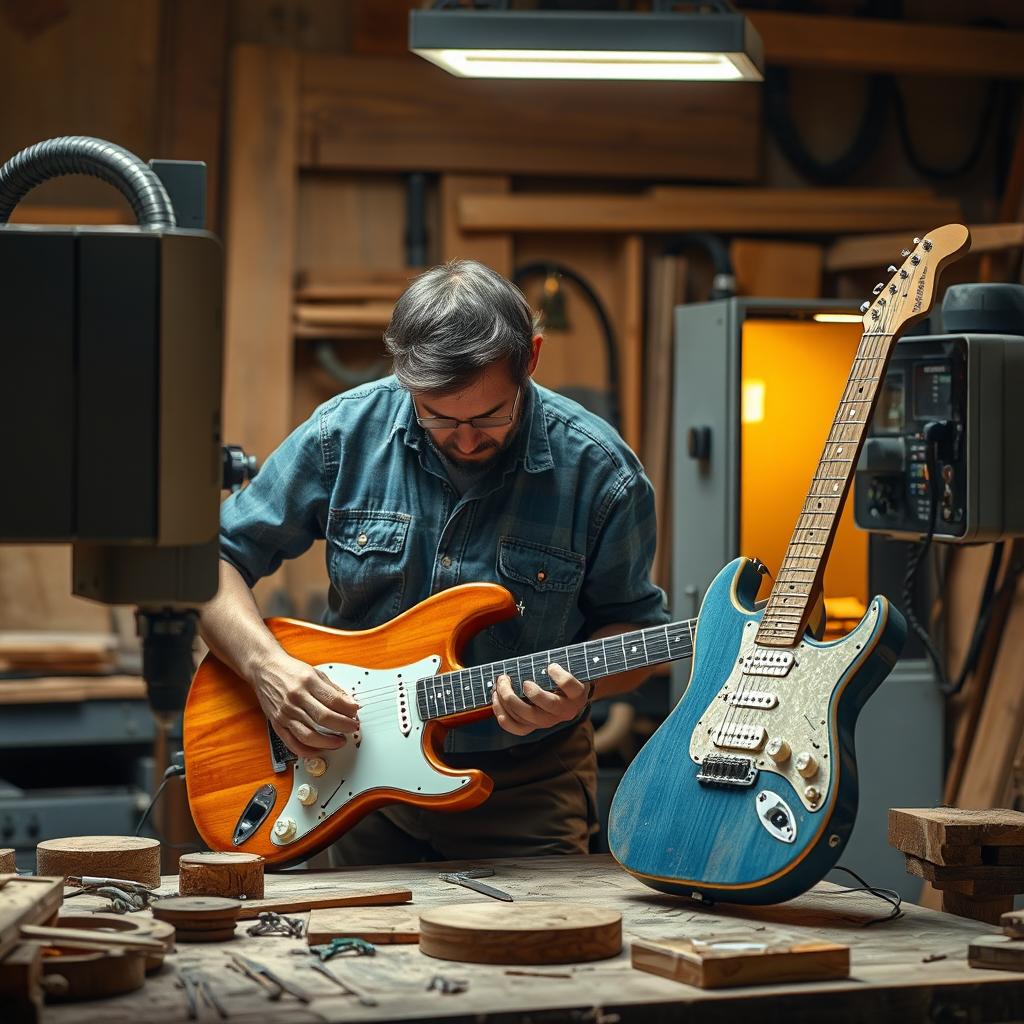 A highly realistic depiction of an artisan in his workshop, competing to craft an electric guitar alongside a CNC machine