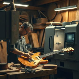 A highly realistic depiction of an artisan in his workshop, competing to craft an electric guitar alongside a CNC machine