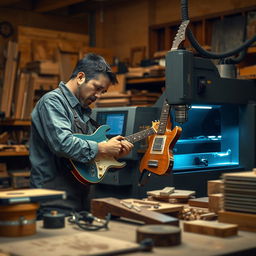 A highly realistic depiction of an artisan in his workshop, competing to craft an electric guitar alongside a CNC machine