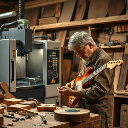 A highly realistic depiction of an artisan in his workshop, competing to craft an electric guitar alongside a CNC machine