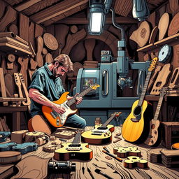 Comic-style illustration of an artisan in his workshop teaming up with a CNC machine to build an electric guitar