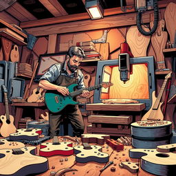 Comic-style illustration of an artisan in his workshop teaming up with a CNC machine to build an electric guitar