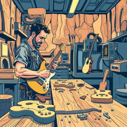 Comic-style illustration of an artisan in his workshop teaming up with a CNC machine to build an electric guitar