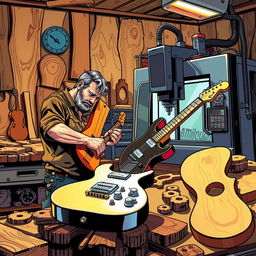 Comic-style illustration of an artisan in his workshop teaming up with a CNC machine to build an electric guitar