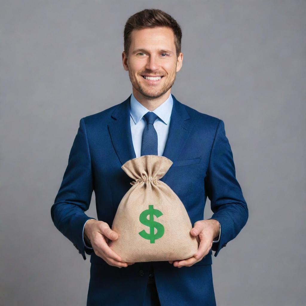 A man strikingly holding a money bag marked with 70% in his right hand and a gear icon marked with 15% in his left hand, symbolizing cost efficiency and improvement.