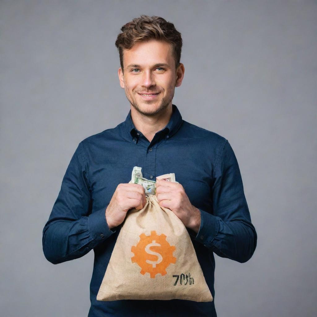 A man strikingly holding a money bag marked with 70% in his right hand and a gear icon marked with 15% in his left hand, symbolizing cost efficiency and improvement.