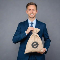 A man strikingly holding a money bag marked with 70% in his right hand and a gear icon marked with 15% in his left hand, symbolizing cost efficiency and improvement.