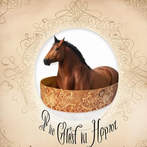 An old, wise-looking horse wrapped in a large ornate gift box with an open lid. The saying 'Don't look a gift horse in the mouth' floats around the image in elegant, curled script.