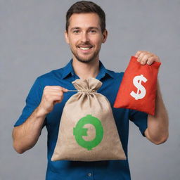 A man strikingly holding a money bag marked with 70% in his right hand and a gear icon marked with 15% in his left hand, symbolizing cost efficiency and improvement.