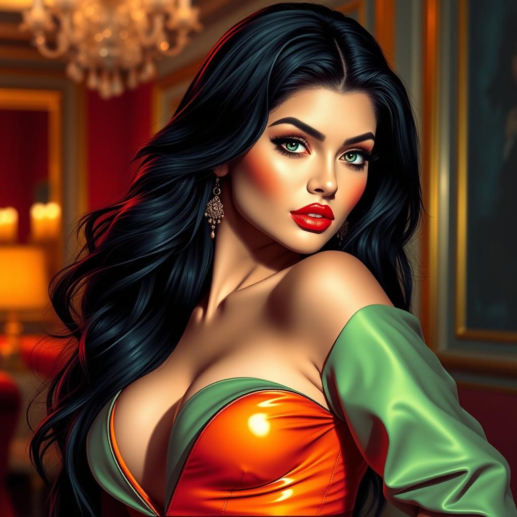 A vibrant and glamorous depiction of a young woman with long dark hair and striking features, inspired by Kylie Jenner, posing confidently in a colorful and stylish outfit that accentuates her curves