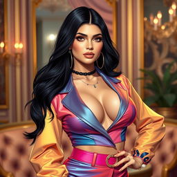 A vibrant and glamorous depiction of a young woman with long dark hair and striking features, inspired by Kylie Jenner, posing confidently in a colorful and stylish outfit that accentuates her curves