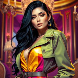 A vibrant and glamorous depiction of a young woman with long dark hair and striking features, inspired by Kylie Jenner, posing confidently in a colorful and stylish outfit that accentuates her curves