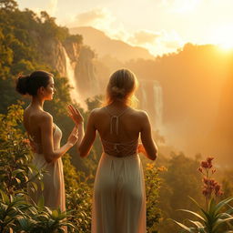 Golden hues of a serene landscape with adult women in an artistic, non-explicit depiction, appreciating the harmony of nature