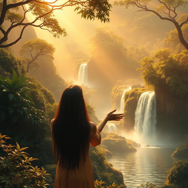 Golden hues of a serene landscape with adult women in an artistic, non-explicit depiction, appreciating the harmony of nature